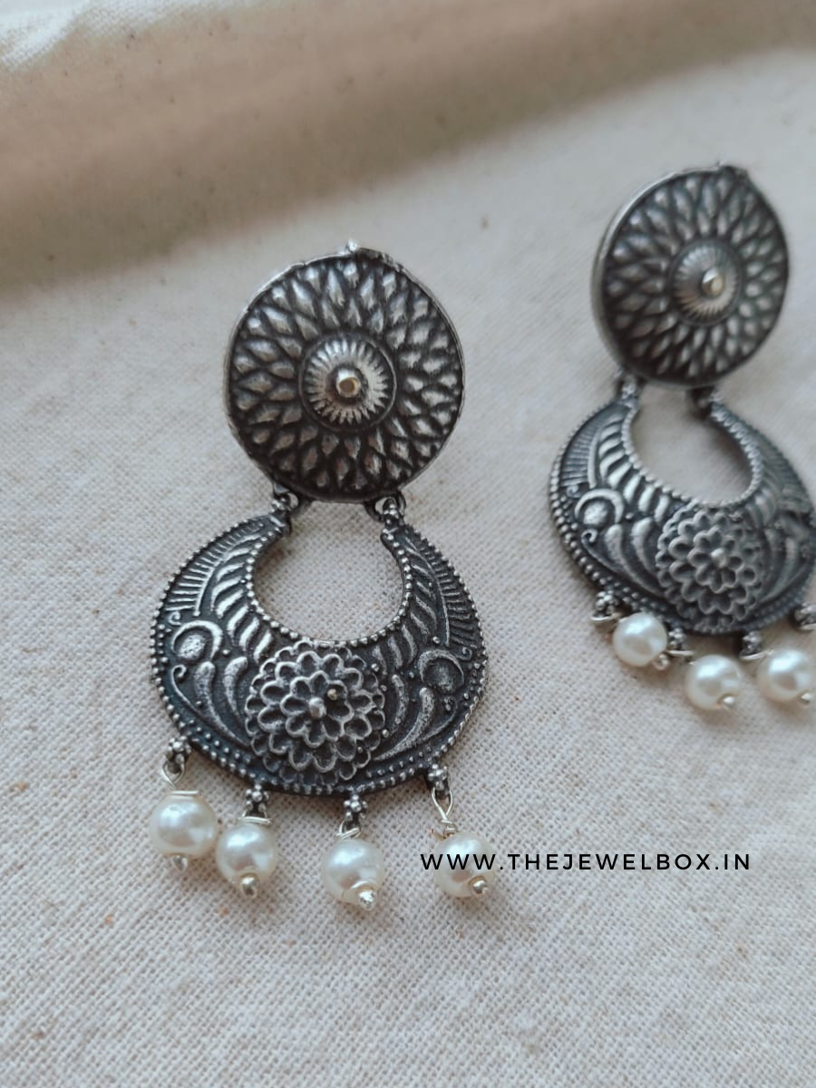 Classic Oxidised Silver Chandbali Earrings with Pearl Drops