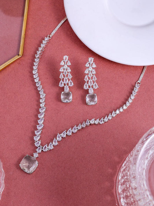 Buy Classic White Square Pendant American Diamond Necklace Set Online - TheJewelbox