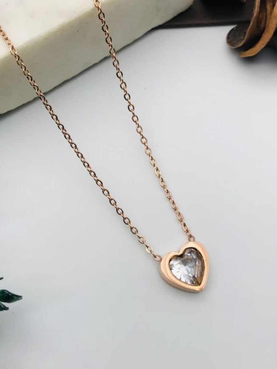 Crystal Heart Pendant Minimal Rose Gold Chain Necklace