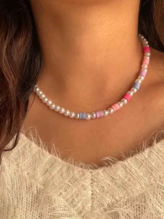 Cute Pearl and Colourful Flat Beaded Choker Necklace