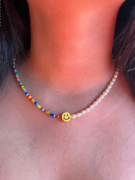 Cute Smiley Charm Colourful Beads and Pearl Choker Chain