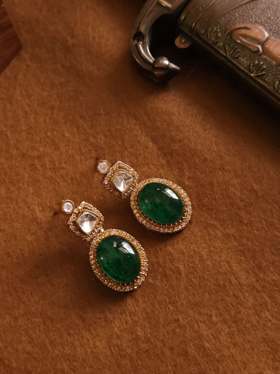 Buy Dark Green Double Stone Polki Kundan Diamond Earrings - TheJewelbox