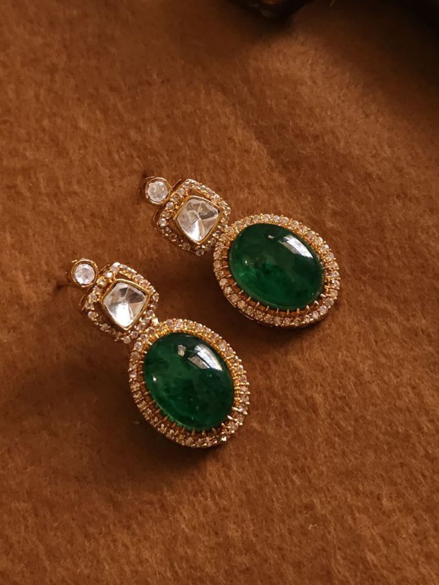 Dark Green Double Stone Polki Kundan Diamond Earrings