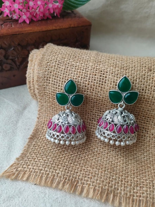 Buy Dark Green and Ruby Red Peacock Style Oxidised Silver Jhumka Online - TheJewelbox