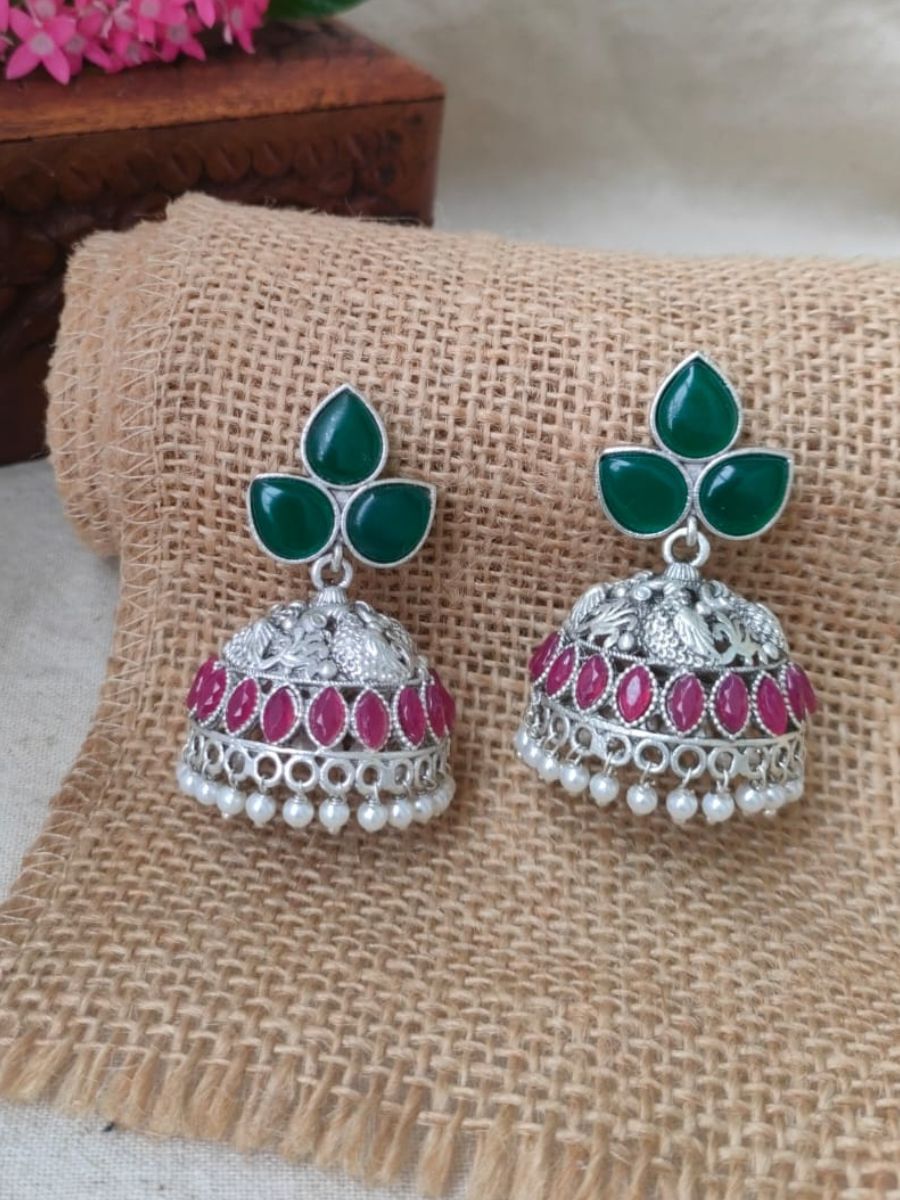 Dark Green and Ruby Red Peacock Style Oxidised Silver Jhumka