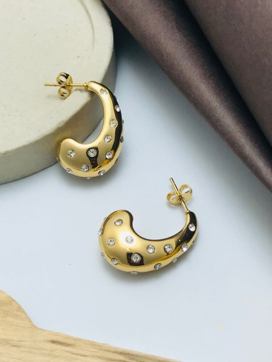 Diamond Studded Golden Plated Half Moon Hoop Earrings