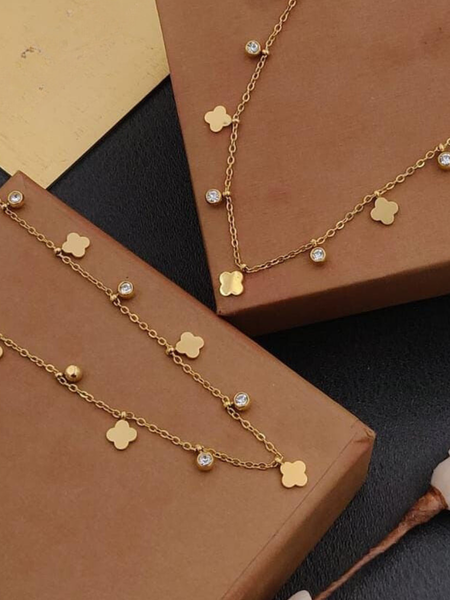 Diamond and Floral Charms Rose Gold Minimal Chain Necklace