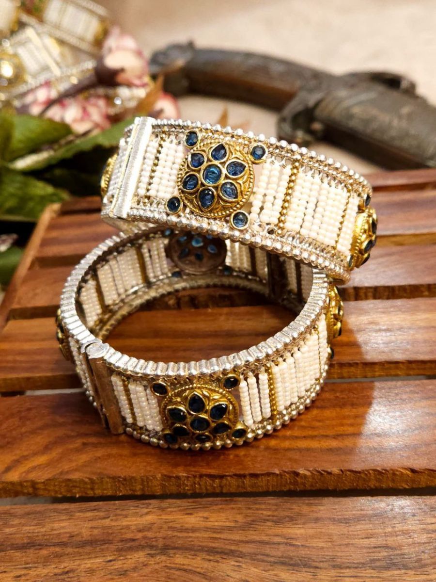 Buy Dual Tone Openable Blue Stones and Pearls Bangles Set Online - TheJewelbox