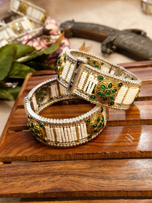 Buy Dual Tone Openable Green Stones and Pearls Bangles Set Online - TheJewelbox