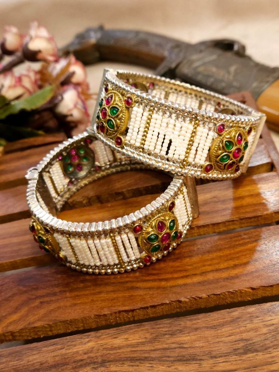 Buy Dual Tone Openable Red and Green Stones and Pearls Bangles Set Online - TheJewelbox