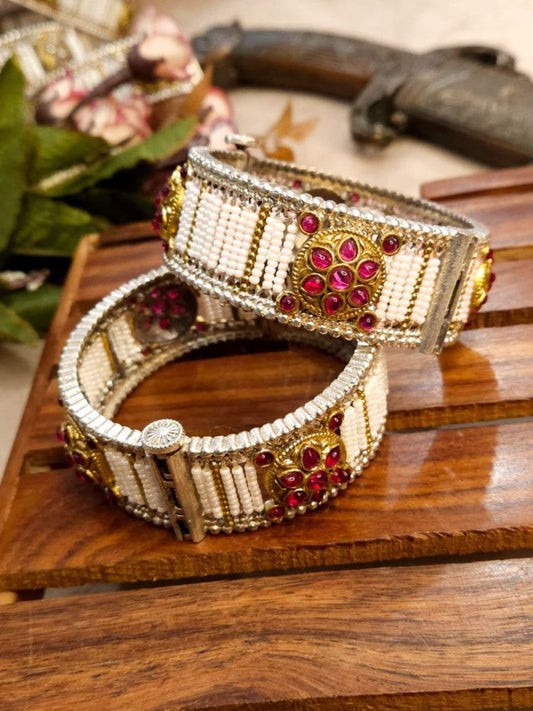 Buy Dual Tone Openable Ruby Red Stones and Pearls Bangles Set Online - TheJewelbox