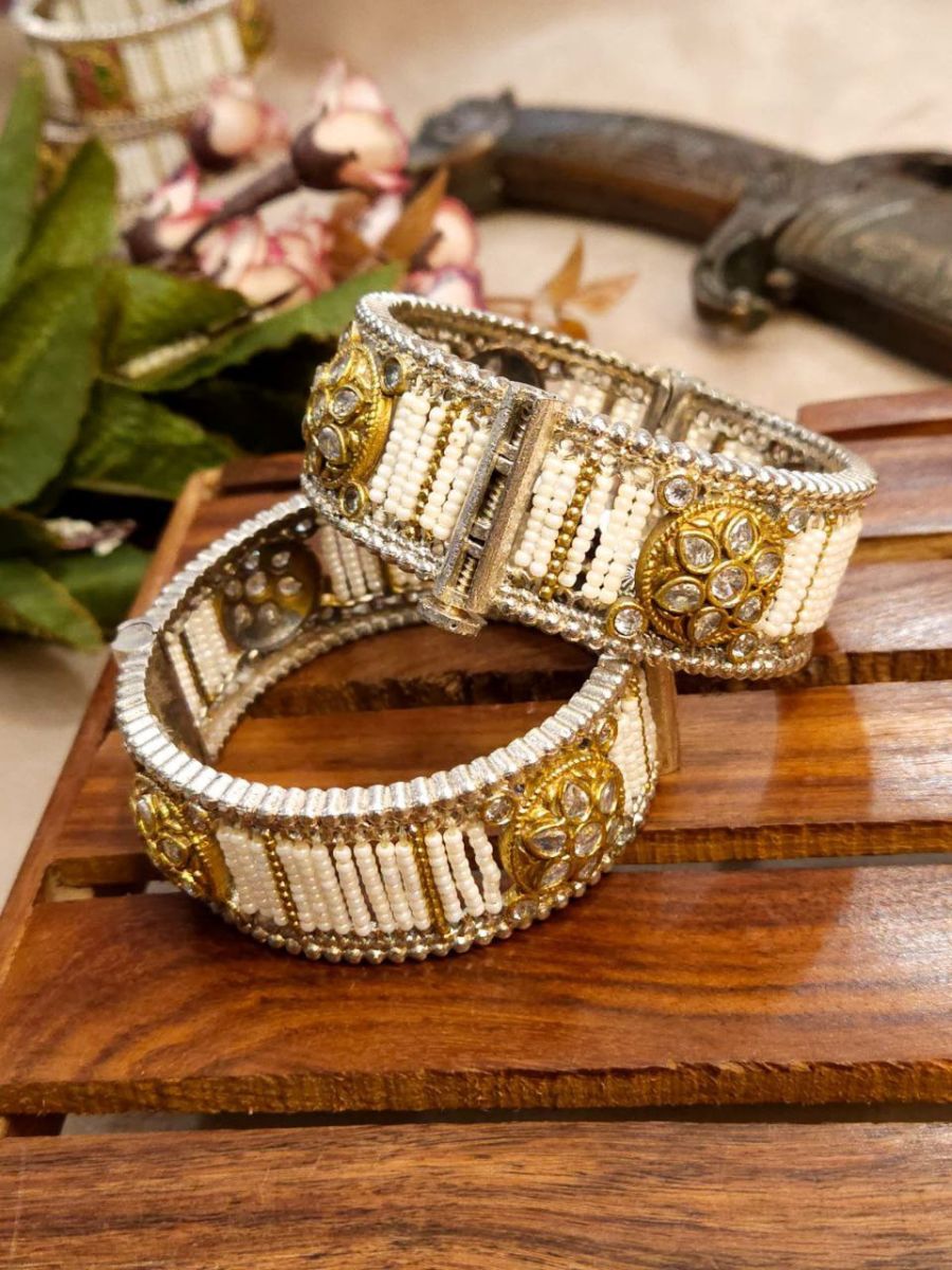 Buy Dual Tone Openable White Stones and Pearls Bangles Set Online - TheJewelbox