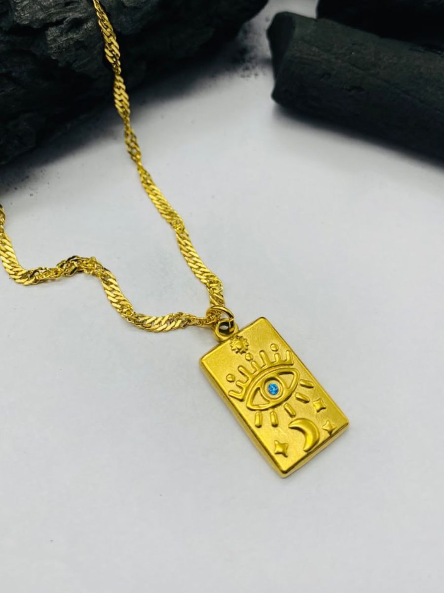 Evil Eye Rectangular Pendant Golden Chain Necklace