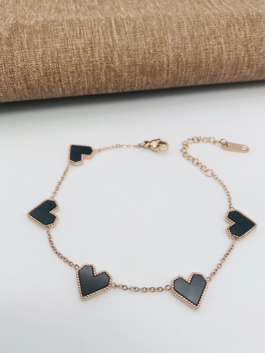 Buy Five of Black Enamelled Heart Charms Rose Gold Bracelet - TheJewelbox