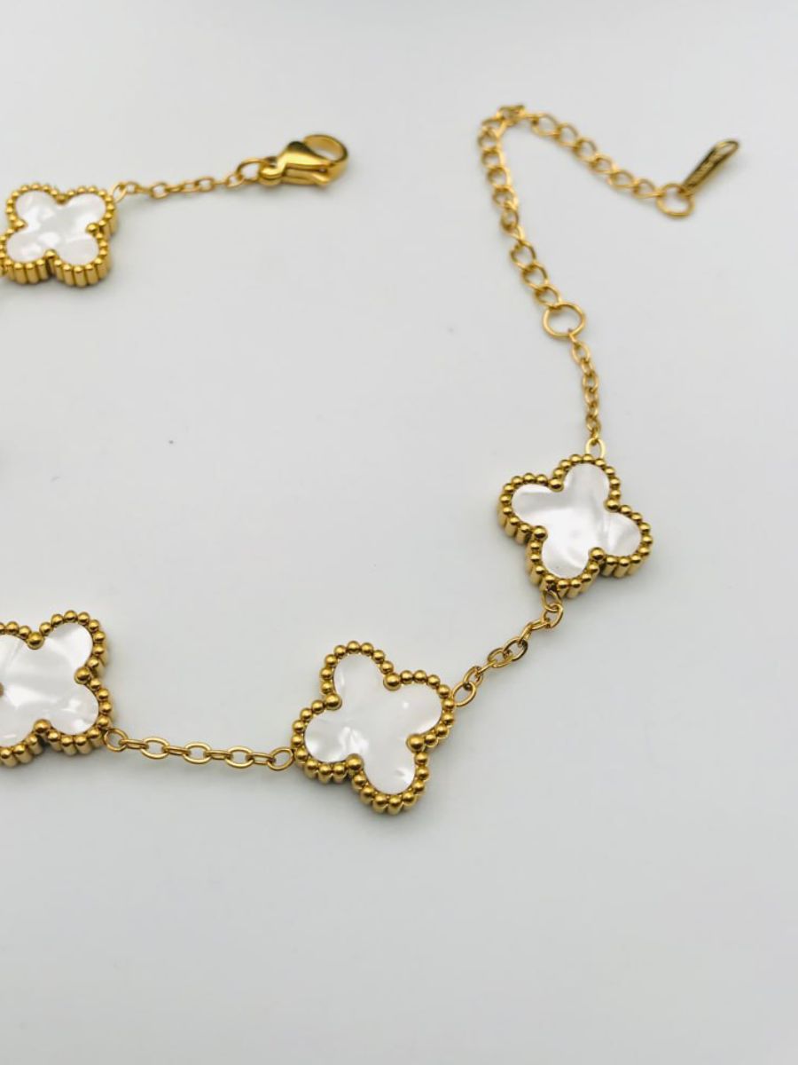 Five of White Pearl Enamelled Clover Charms Golden Bracelet