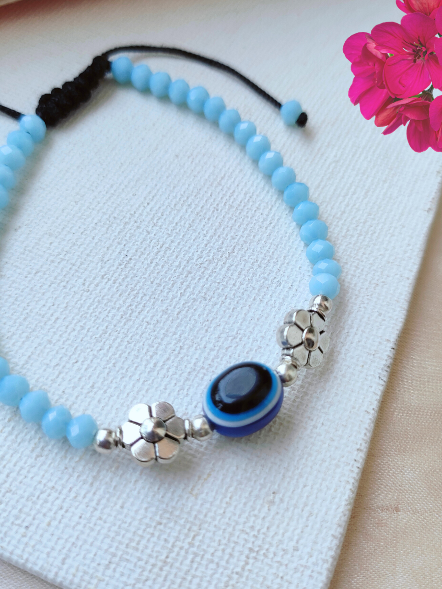 Floral Charm Sky Blue Beaded Evil Eye Anklet