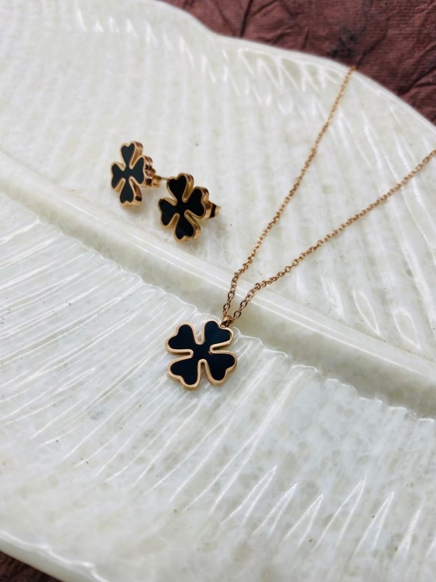 Buy Four Leaf Black Floral Pendant Rose Gold Chain with Earrings - TheJewelbox