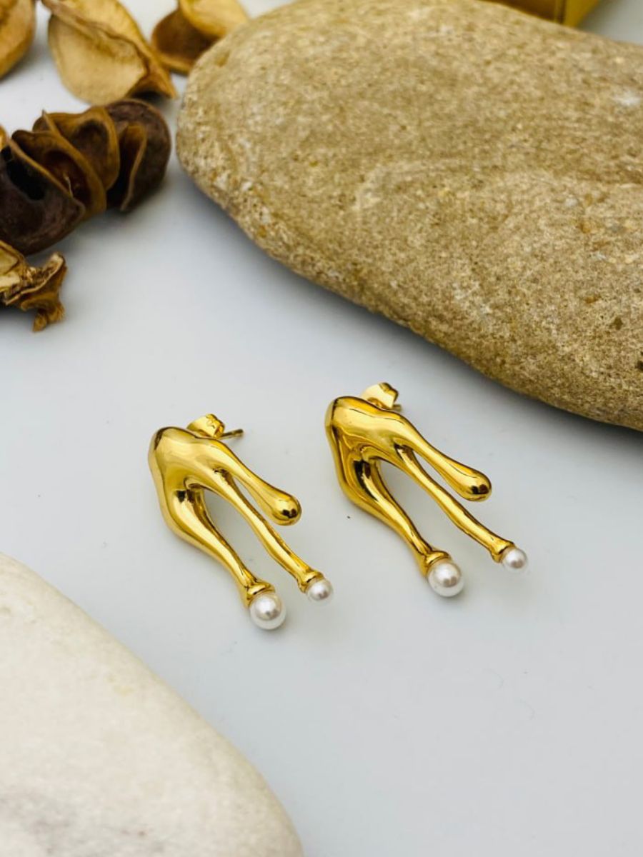 Gold Plated Pearl Drop Drip Shaped Stud Earrings