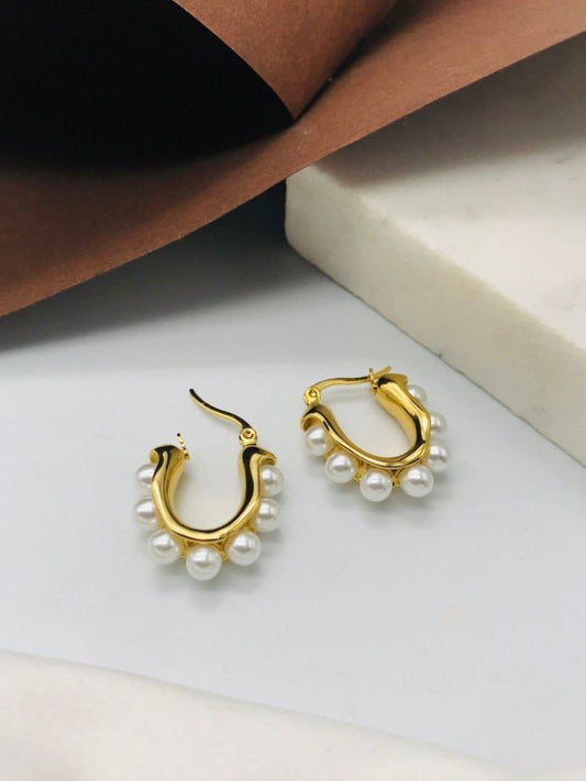 Buy Gold Plated Pearl Studded Contemporary Hoop Earrings Online - TheJewelbox