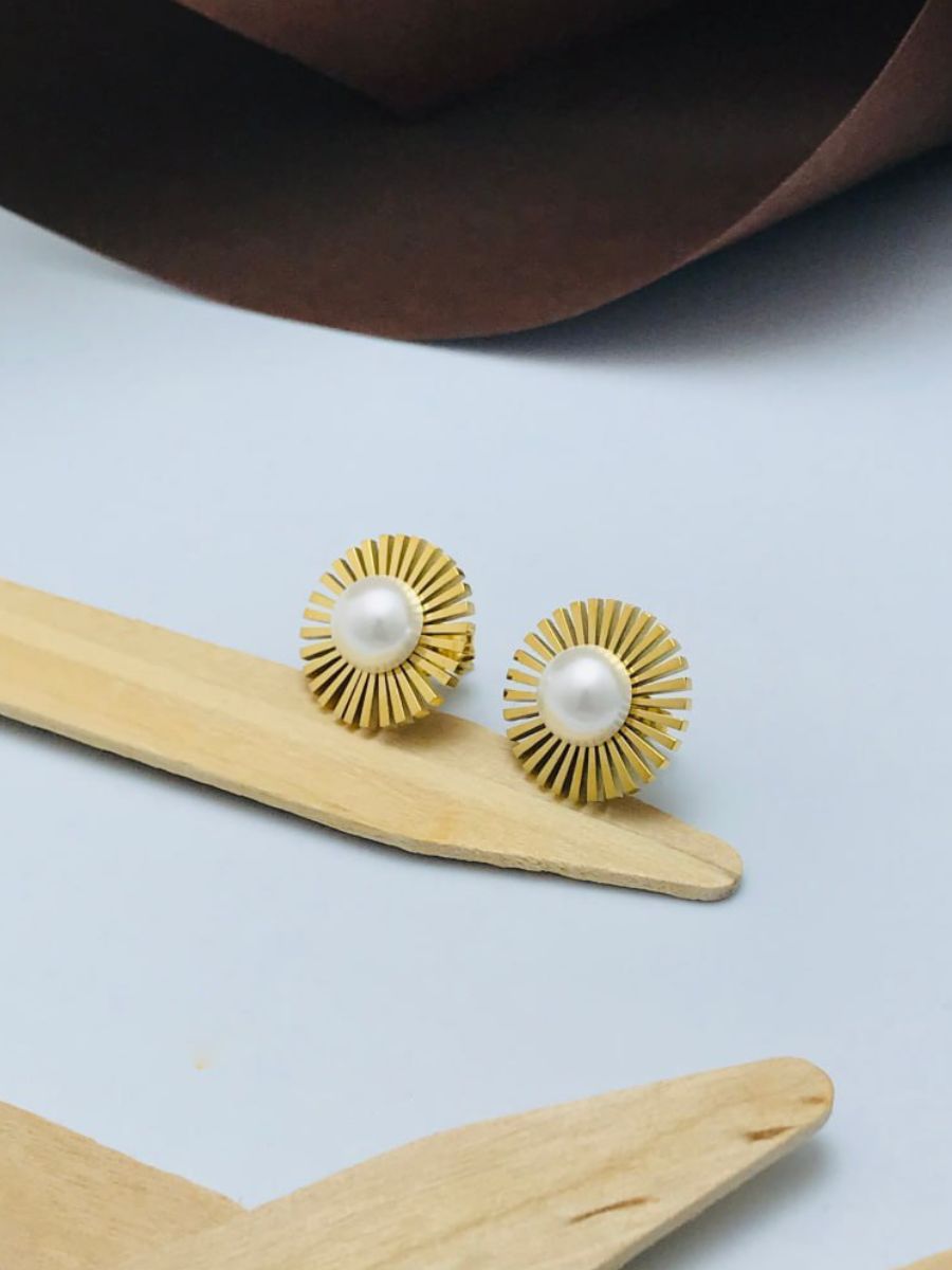Gold Plated Pearl Studded Flower Shaped Stud Earrings