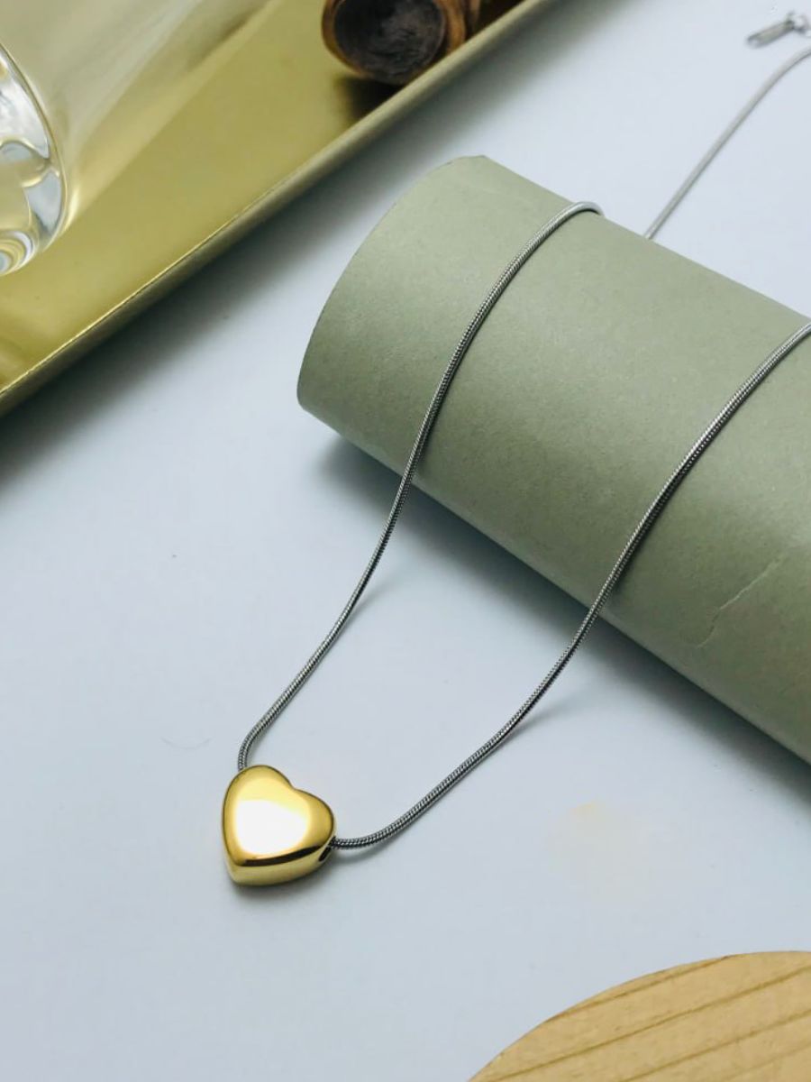 Golden Heart Pendant Minimal Silver Chain Necklace