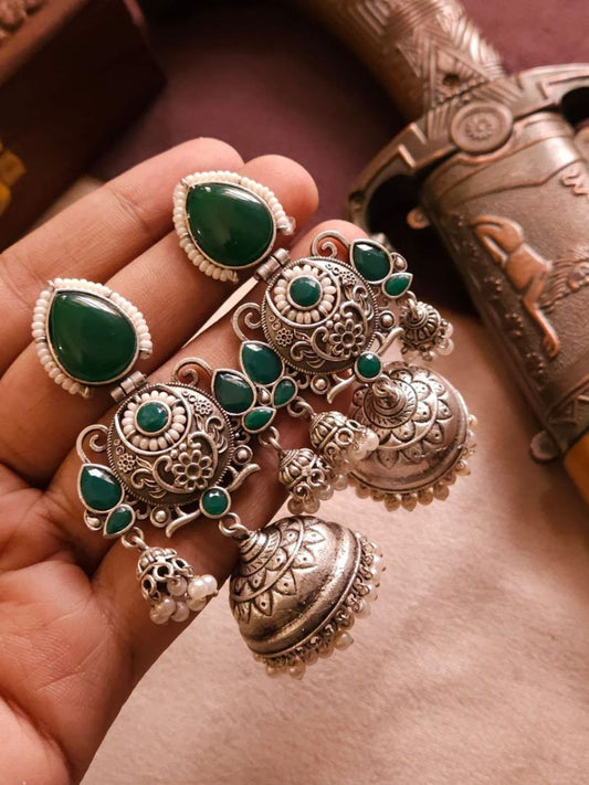 Buy Green Color Big German Silver Oxidised Jhumka Earrings - TheJewelbox