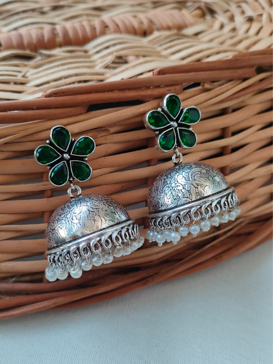 Green and white stone oxidised earring – Phuljhadi