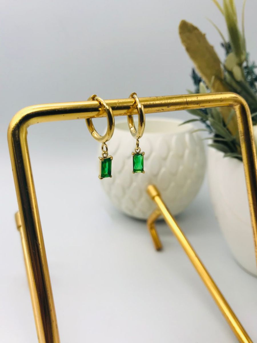 Buy Green Hanging Gemstone Golden Huggie Hoop Earrings - TheJewelbox
