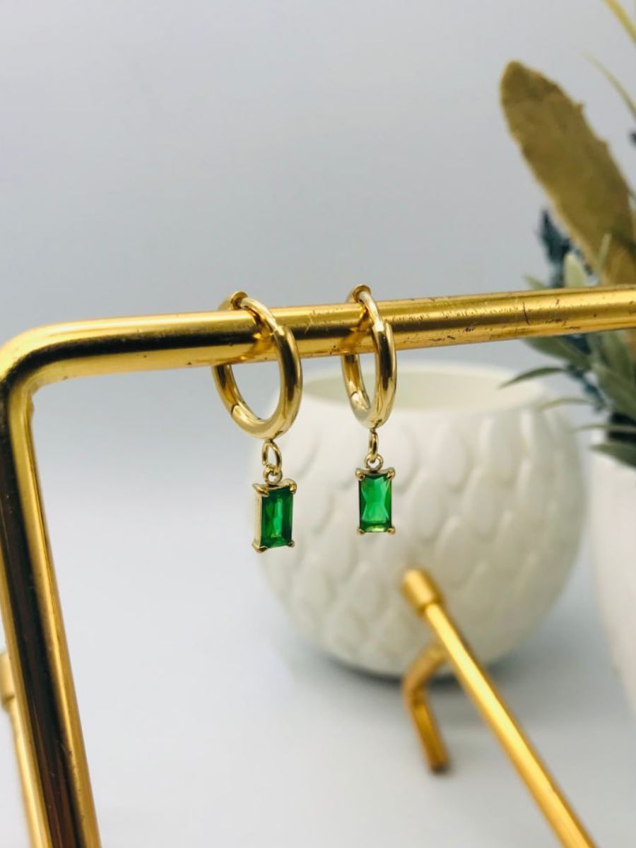 Green Hanging Gemstone Golden Huggie Hoop Earrings