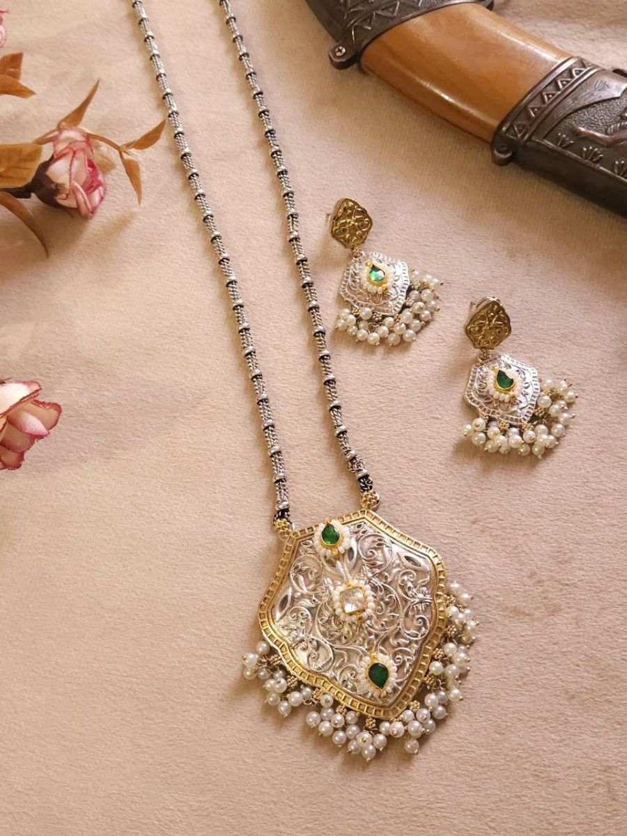 Buy Green Kundan Studded Silver Lookalike Long Necklace Set - TheJewelbox