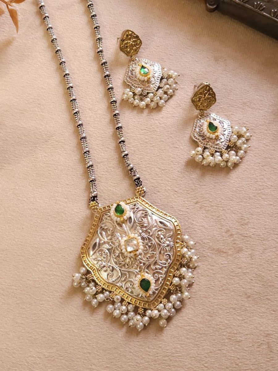 Green Kundan Studded Silver Lookalike Long Necklace Set