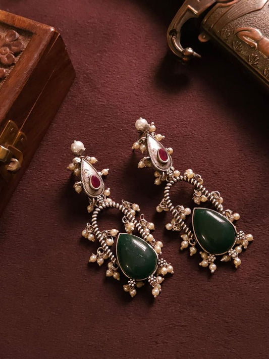 Buy Green Monalisa Stone Oxidised Silver Drop Earrings - TheJewelbox