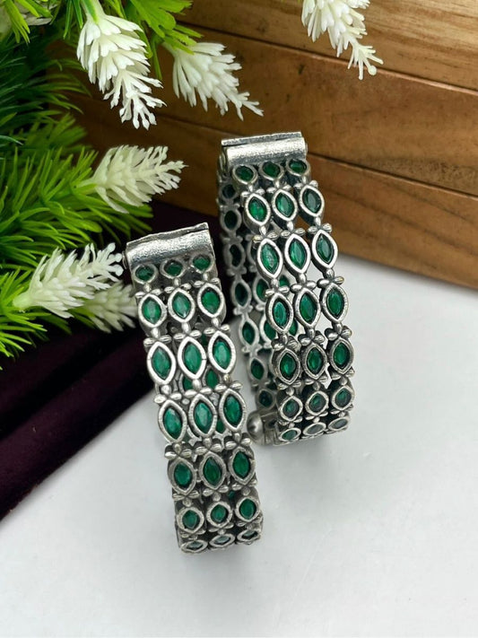 Green Monalisa Stones German Silver Oxidised Kada Bangle Set