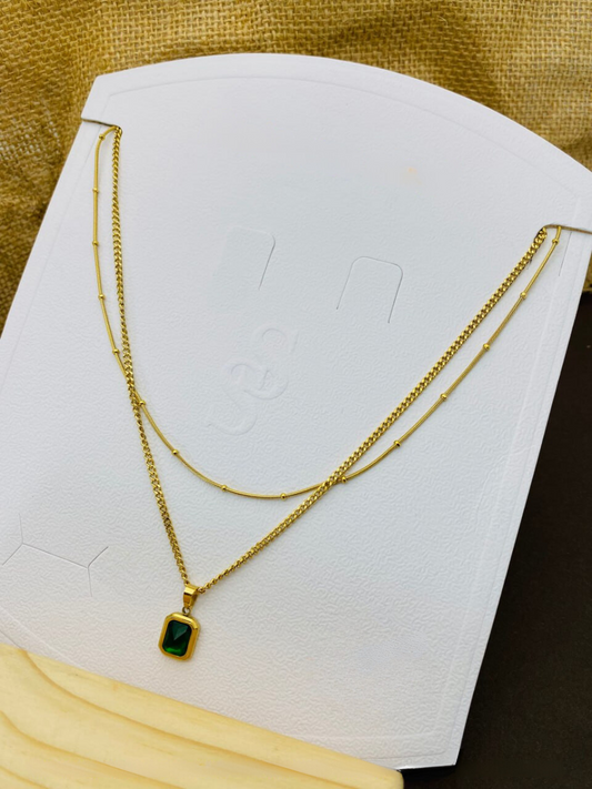 Buy Green Stone Rectangular Pendant Golden Double Chain Necklace Online - TheJewelbox