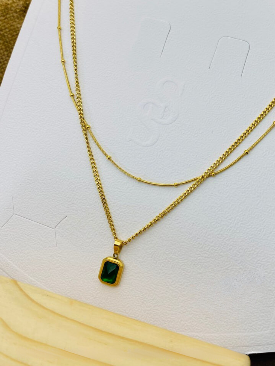 Green Stone Rectangular Pendant Golden Double Chain Necklace