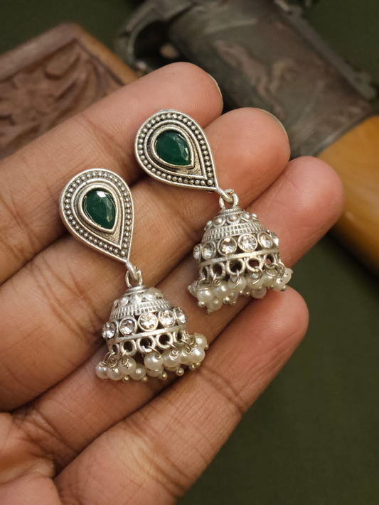 Buy Green Stone Studded Oxidised Silver Small Jhumka Earrings Online - TheJewelbox