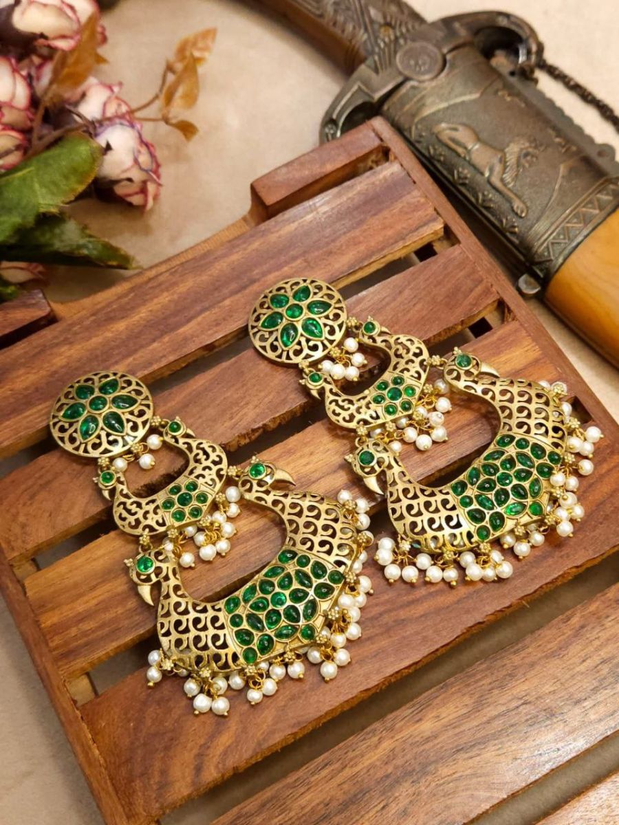 Buy Green Stones Antique Golden Plated Chandbali Earrings Online - TheJewelbox