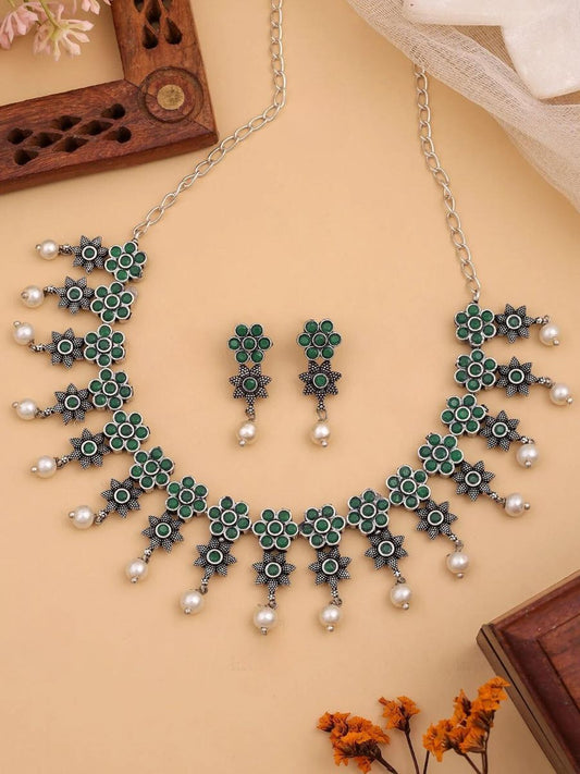 Buy Green Stones Floral Pattern Oxidised Choker Necklace Set Online - TheJewelbox