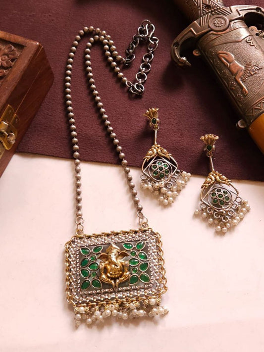Buy Green Stones Ganesha Pendant Oxidised Silver Long Necklace Set - TheJewelbox