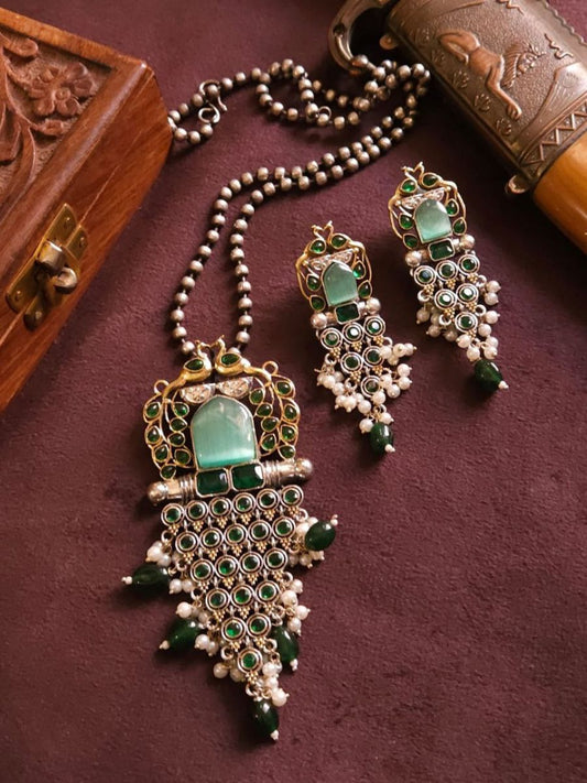 Buy Green Stones Peacock Pendant Oxidised Long Necklace Set - TheJewelbox