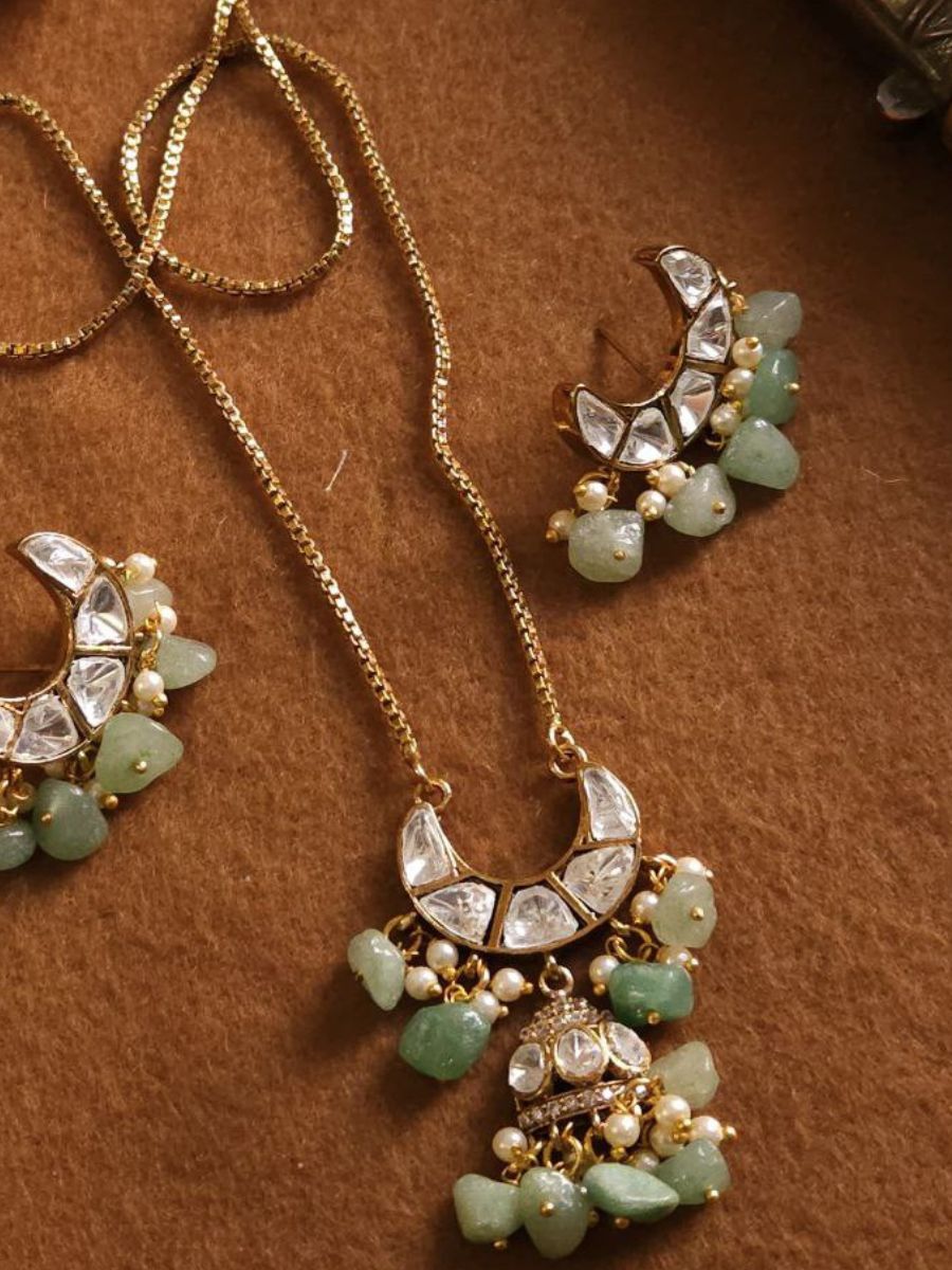 Green Stones Polki Kundan Long Chain Necklace Set