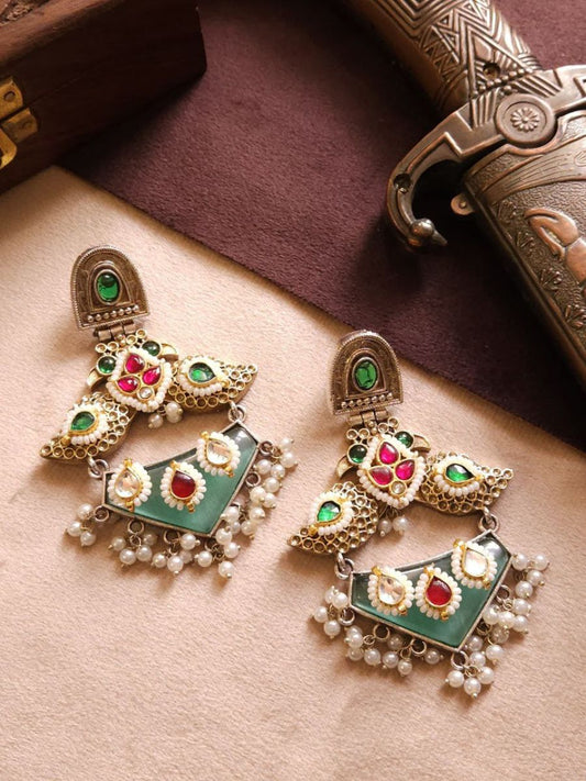 Buy Green Stones and Kundan Studded Peacock Oxidised Earrings - TheJewelbox