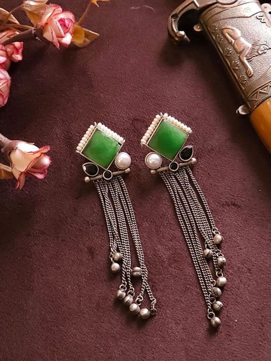 Buy Green and Black Monalisa Stone Long Oxidised Silver Earrings Online - TheJewelbox