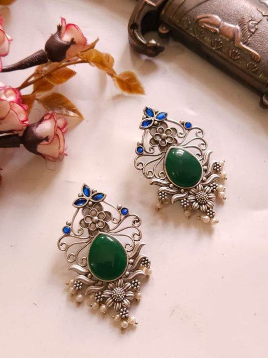 Buy Green and Blue Monalisa Stones Oxidised Silver Earrings - TheJewelbox