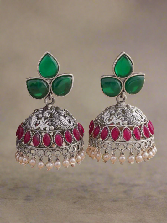 Buy Green and Ruby Red Small Oxidised Silver Jhumki Earrings Online - TheJewelbox