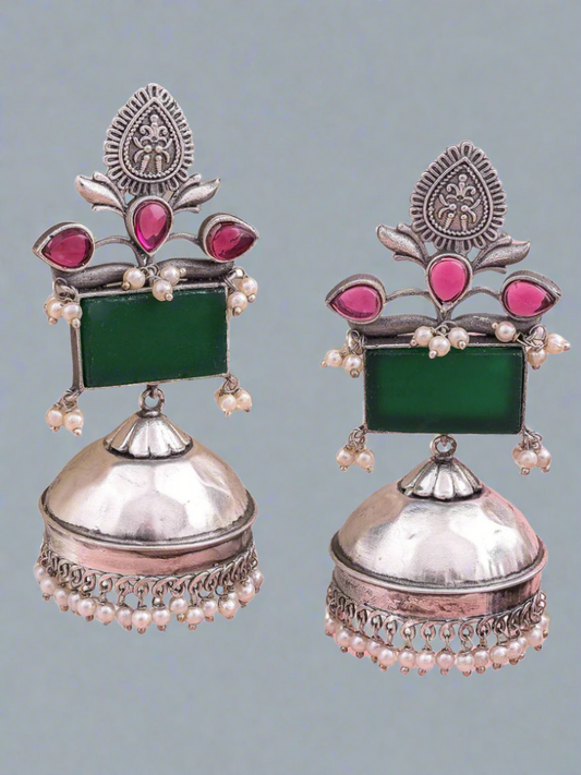 Buy Green and Ruby Red Stones Oxidised Silver Jhumka Earrings Online - TheJewelbox
