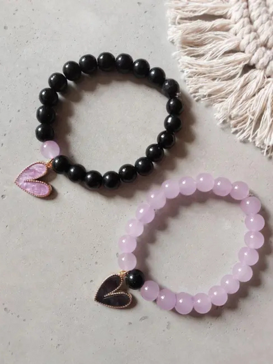 Heart Charms Black and Purple Beaded Bracelets