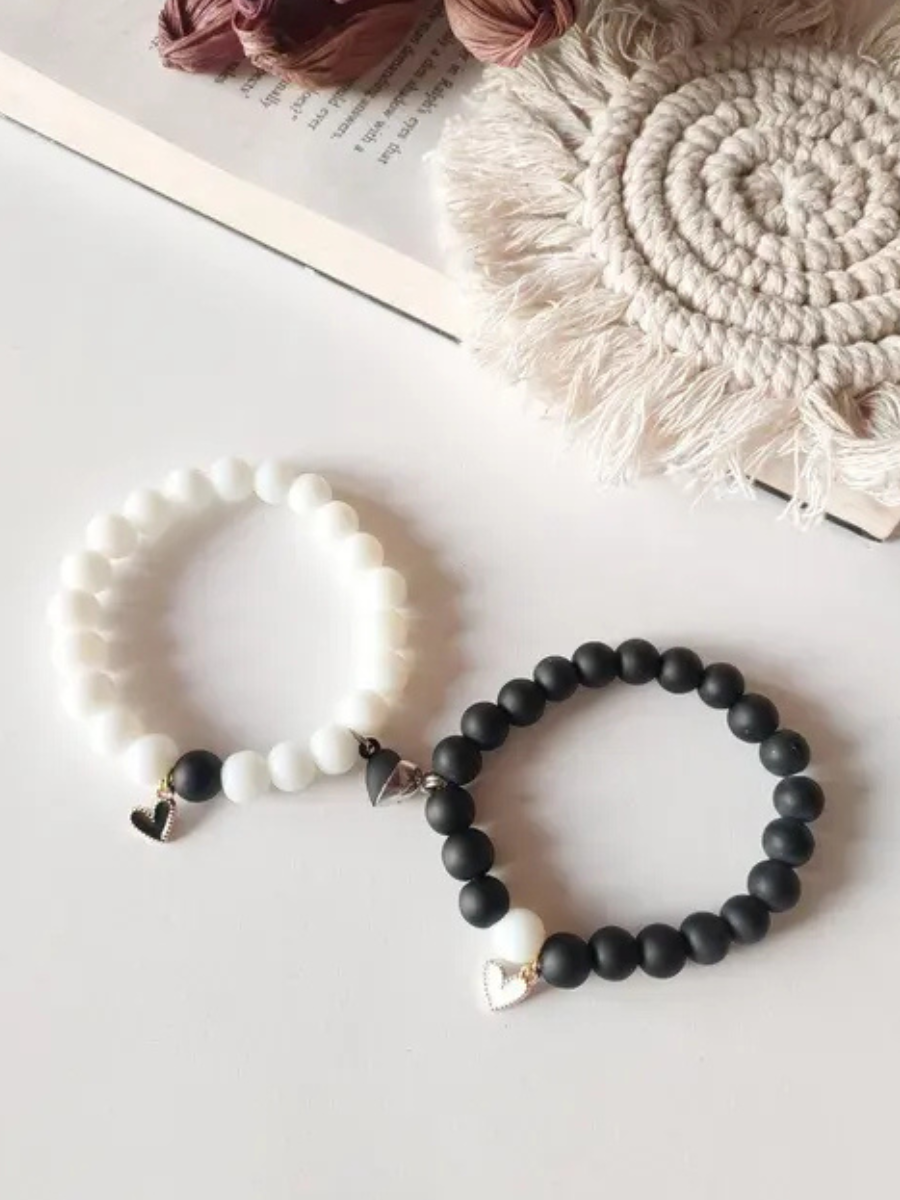 Heart Charms Black and White Beaded Magnetic Bracelets