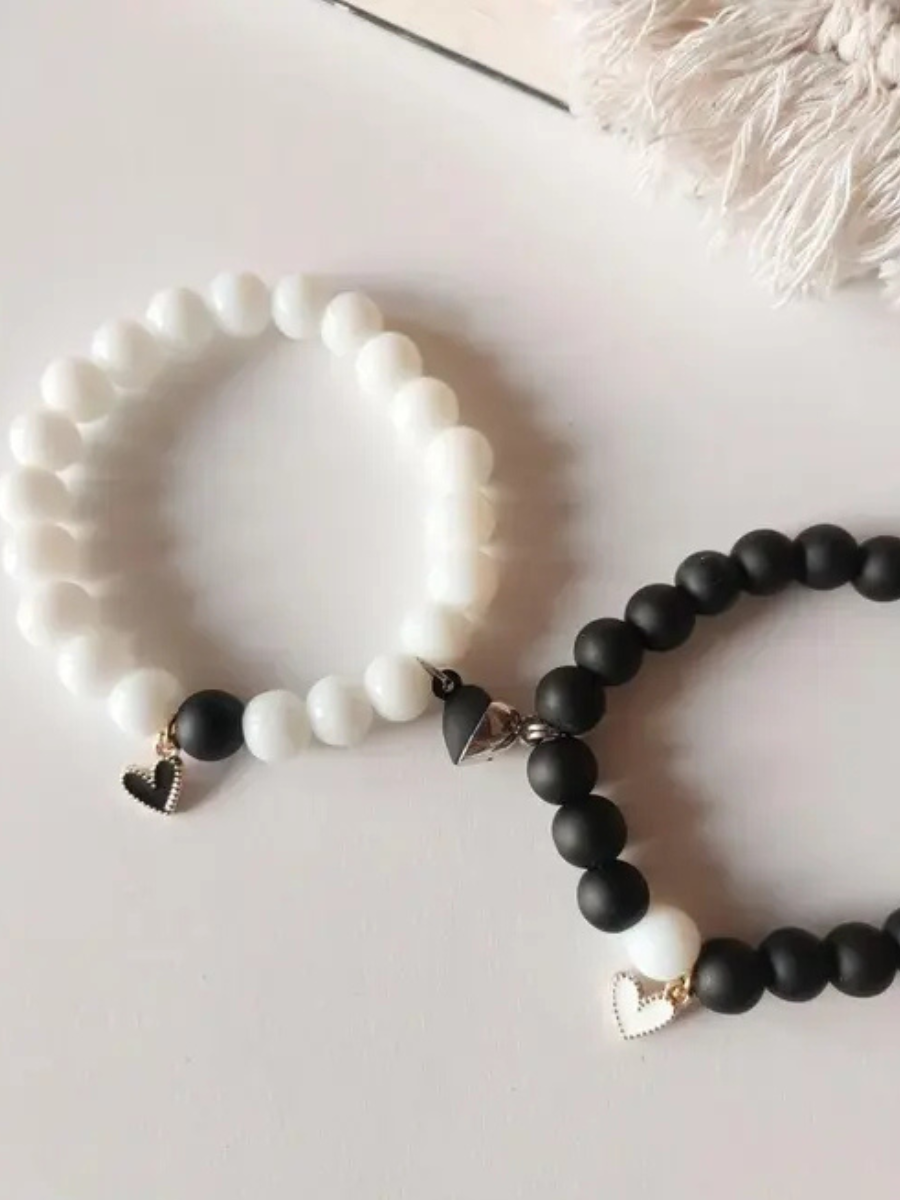 Heart Charms Black and White Beaded Magnetic Bracelets