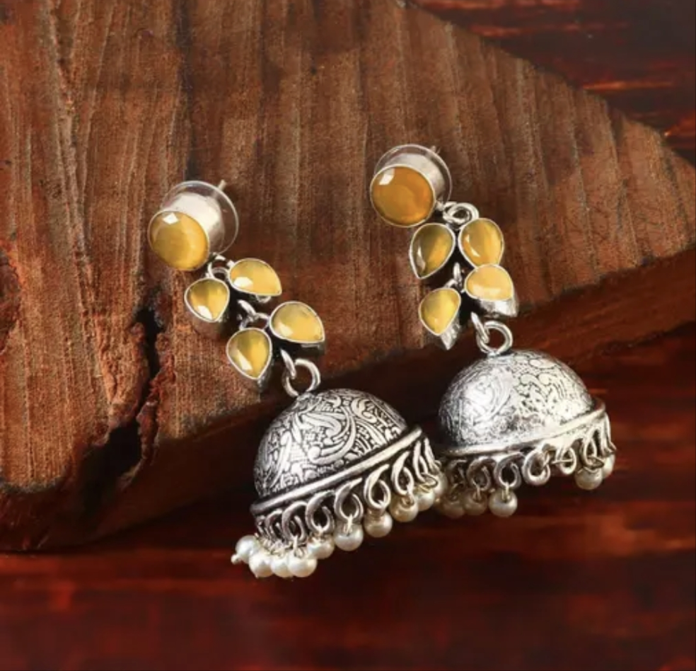 Yellow Stones Oxidised Silver Small Jhumka Earrings